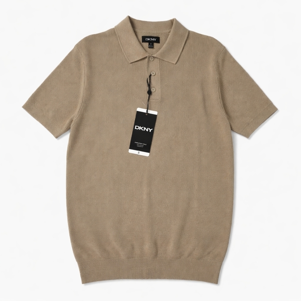 DKNY Men's Knit Polo Sweater Shirt Size S Cream 100% Cotton Short Sleeve NWT...